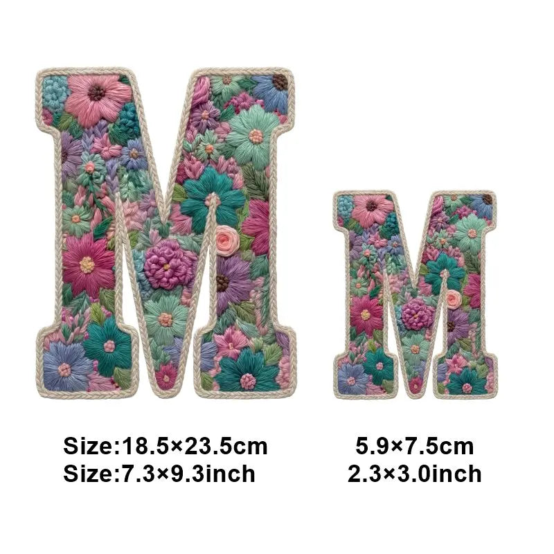 Floral letter M and M iron-on patches for DIY clothing and accessories
