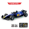 A blue and yellow 1:64 classic car model racing RC drift car with a remote control system.