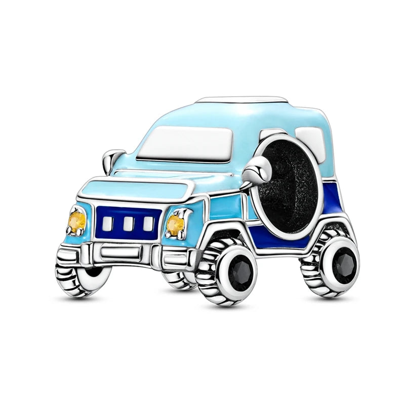 Sterling silver charm bead pendant of a vintage blue car with chrome details.