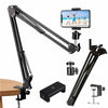 A black flexible gooseneck arm tripod with a smartphone mount and various accessories.