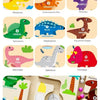 A set of wooden puzzle boards and magnetic pieces for situational cognitive learning featuring dinosaurs and various colors.