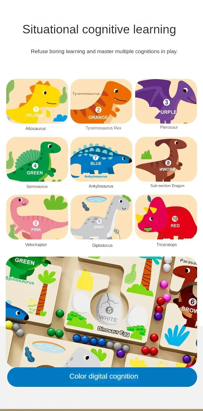 A set of wooden puzzle boards and magnetic pieces for situational cognitive learning featuring dinosaurs and various colors.