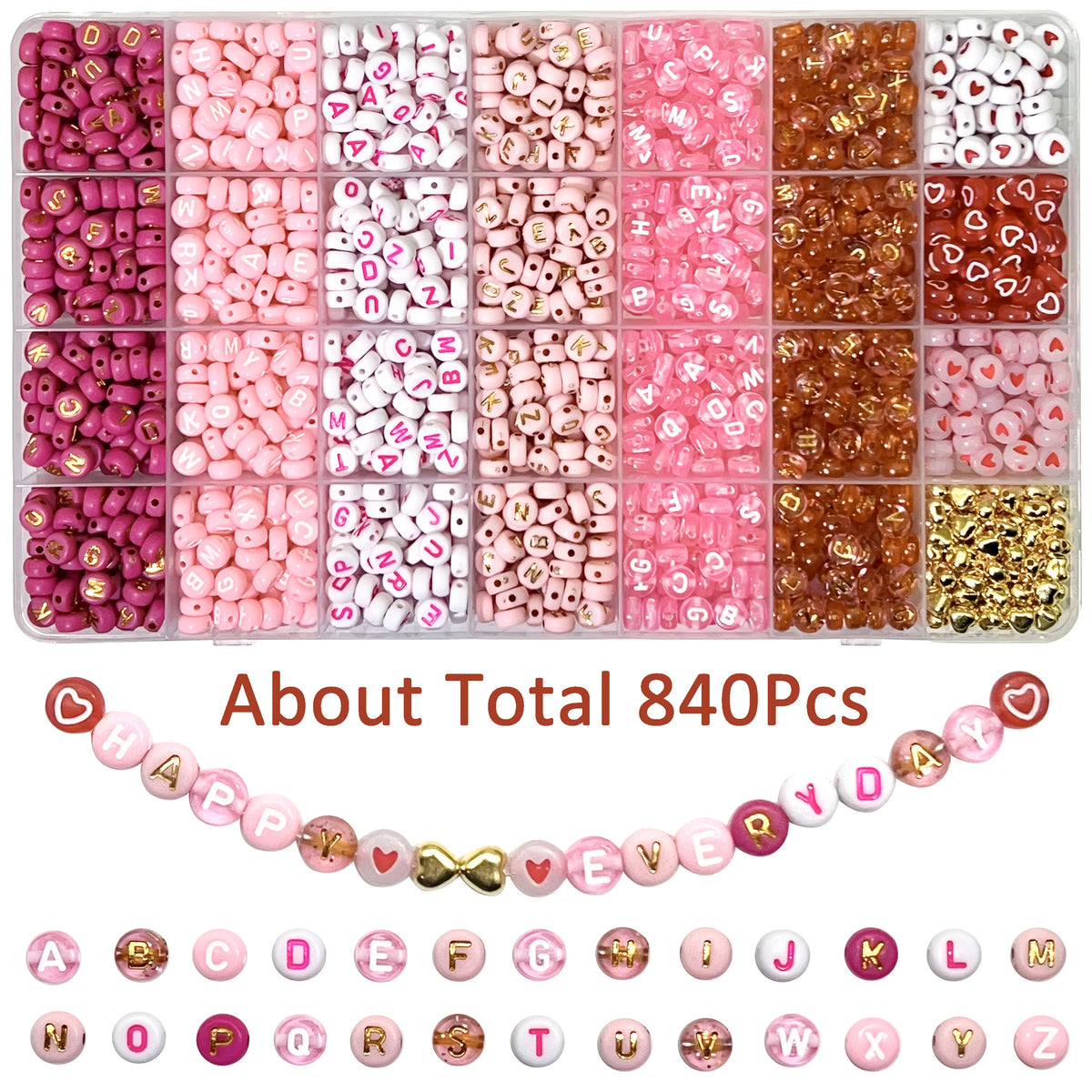 Assortment of pink, red, and white acrylic beads with gold accents for jewelry making