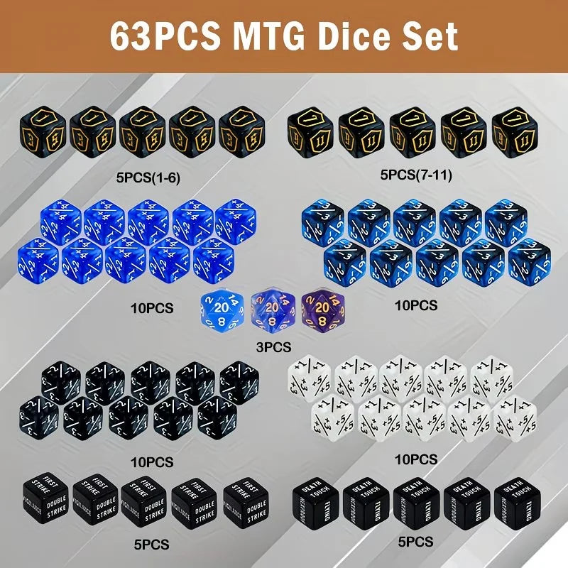 A collection of 63 pieces of multicolored and black dice sets for board games and role-playing games