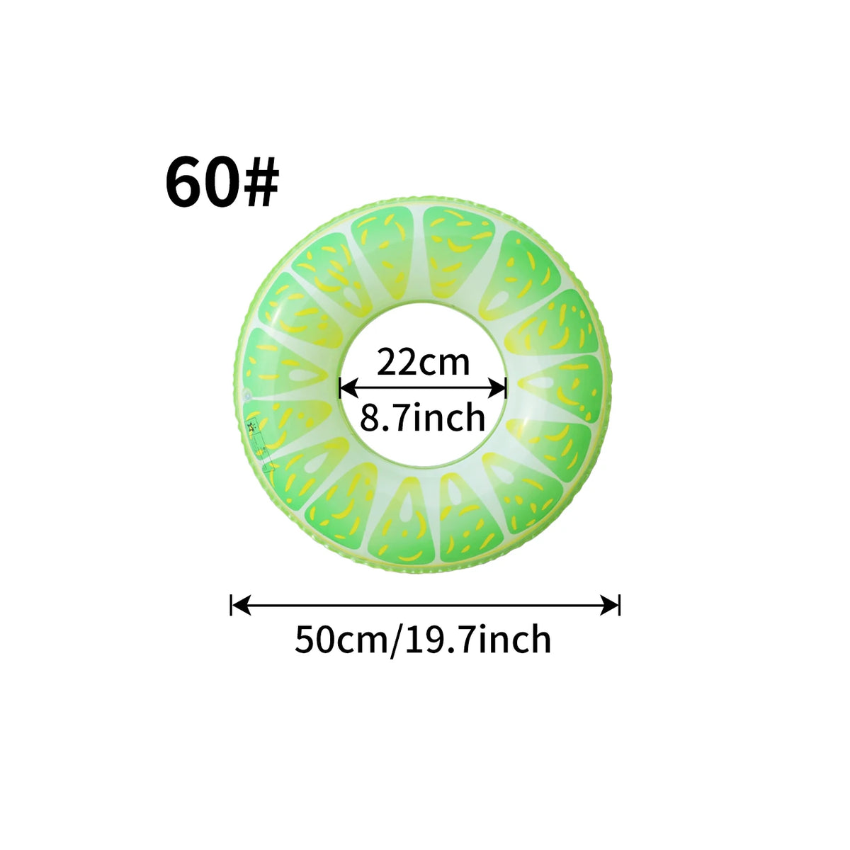 A green fruit-inspired inflatable pool float ring with a 22cm diameter and a 50cm length.