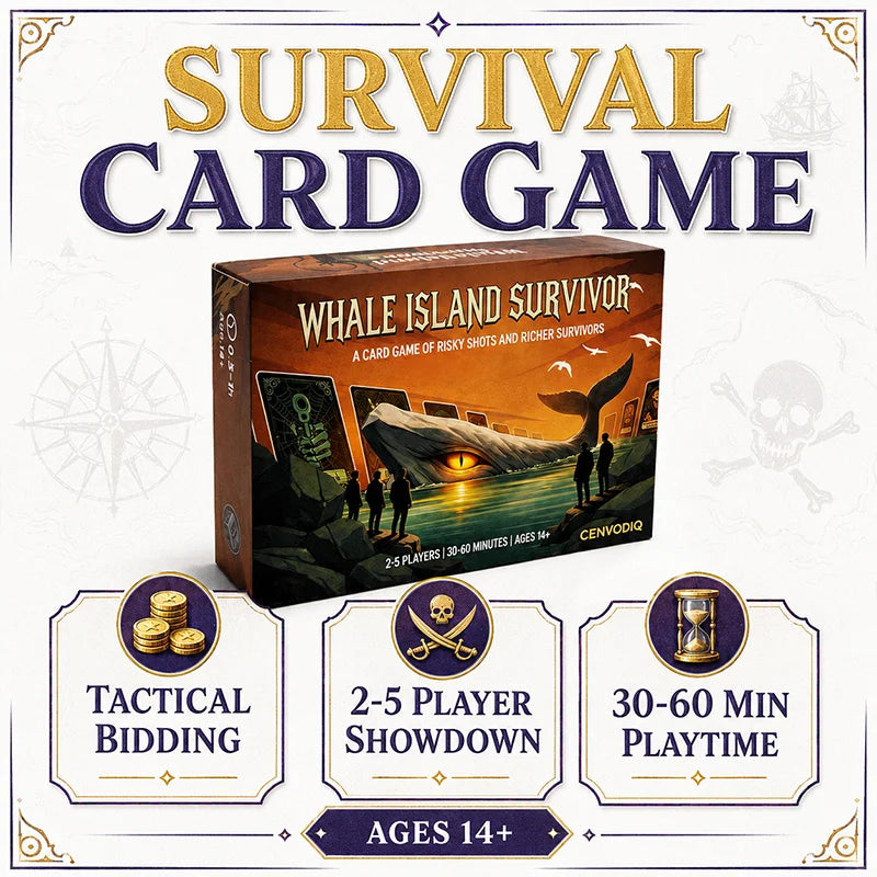 Box art for the Whale Island Survivor card game showing a dark-themed illustration and gameplay features.