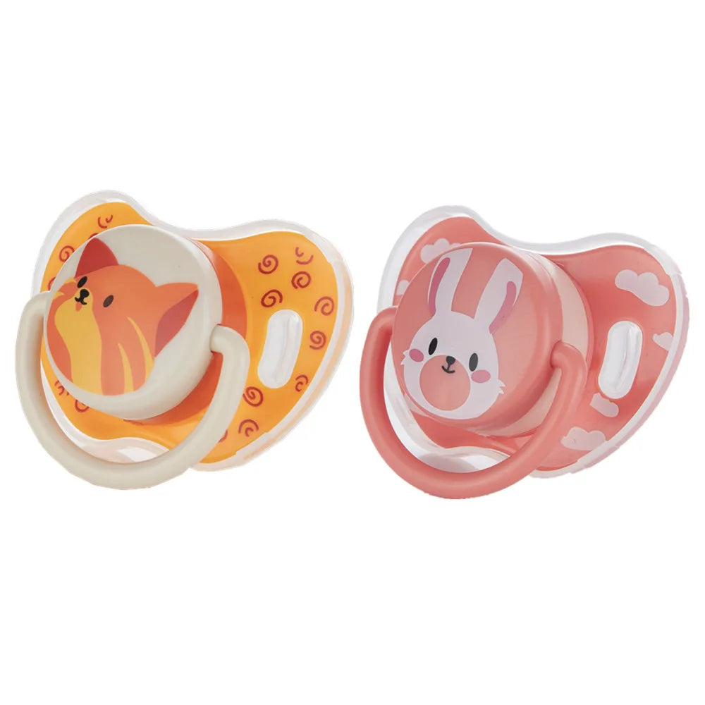 A pink and orange silicone pacifier set featuring a fox and a rabbit design for babies.