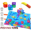 A colorful fishing toy set featuring plastic fish, stacking cups, and a yellow fishing rod for children's play.
