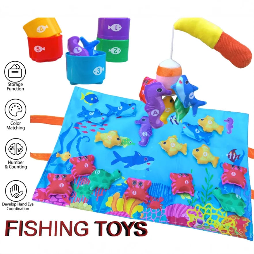A colorful fishing toy set featuring plastic fish, stacking cups, and a yellow fishing rod for children's play.