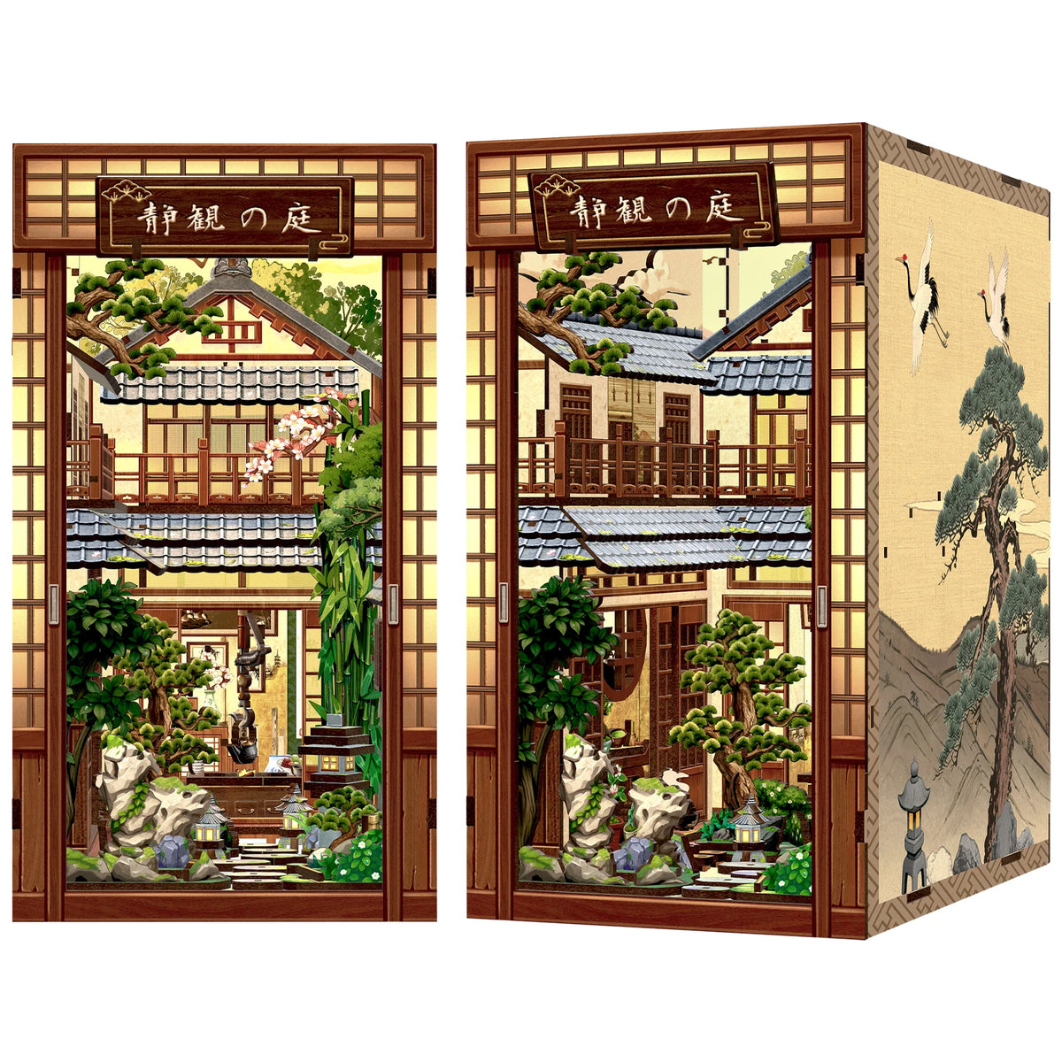 A pair of wooden book nooks featuring traditional Japanese architecture and nature scenes with integrated LED lighting.