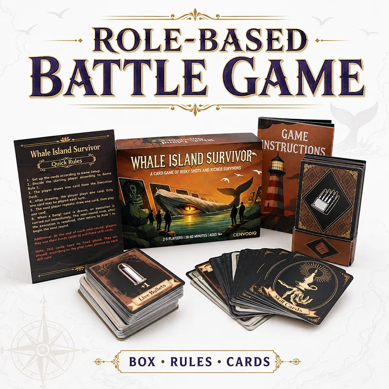 Box, rules, and cards for the Role-Based Battle Game Whale Island Survivor.