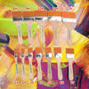 A collection of twelve numbered paint brushes with wooden handles and metal bristles arranged in a grid.
