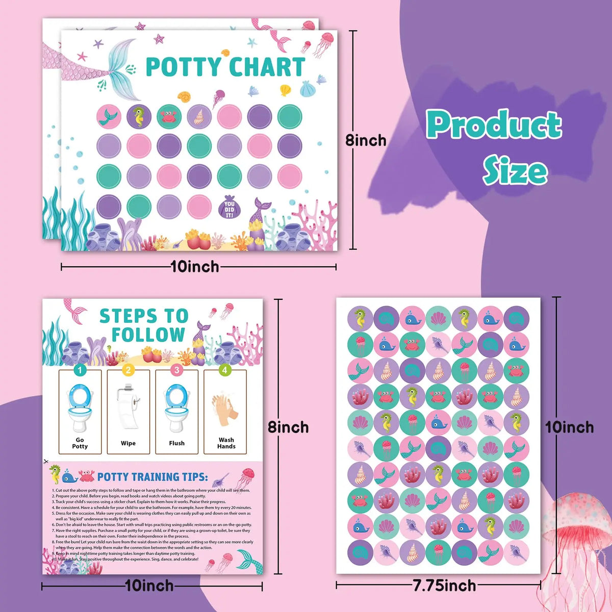 A printable potty chart and training tips guide featuring colorful stickers for toddlers.