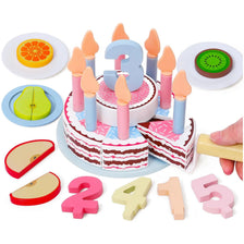 Wooden pretend play birthday cake set with numbered toppers and cake plates