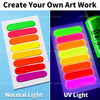 Neon acrylic paint set with eight fluorescent colors displayed under normal and UV light.