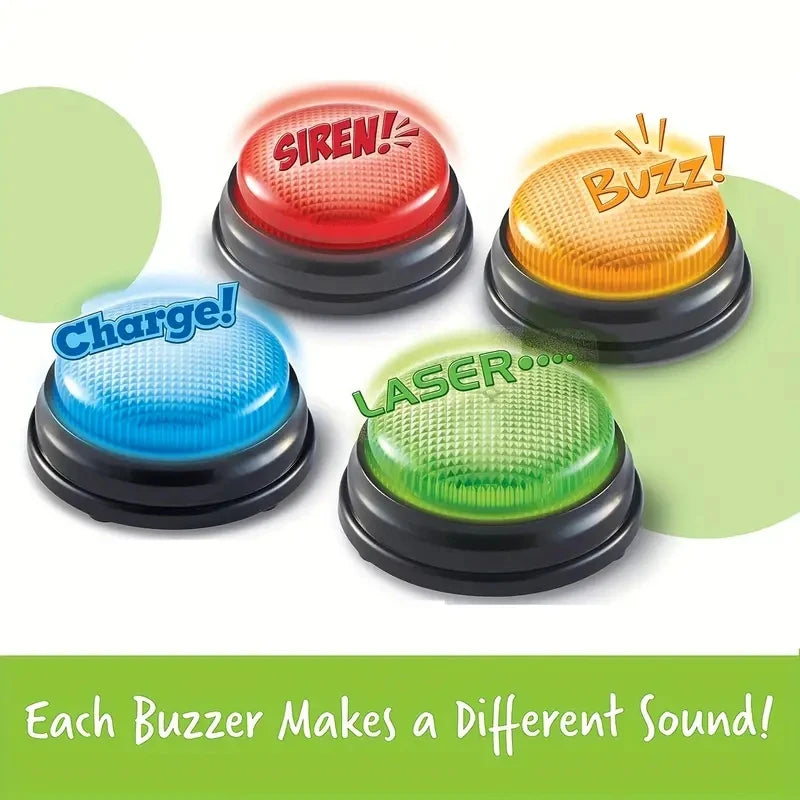 A set of four colorful buzzer buttons labeled Siren, Buzz, Charge, and Laser for a kids' learning game.