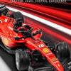 Red Formula racing model car with three-speed gear ratio displayed against a black background.