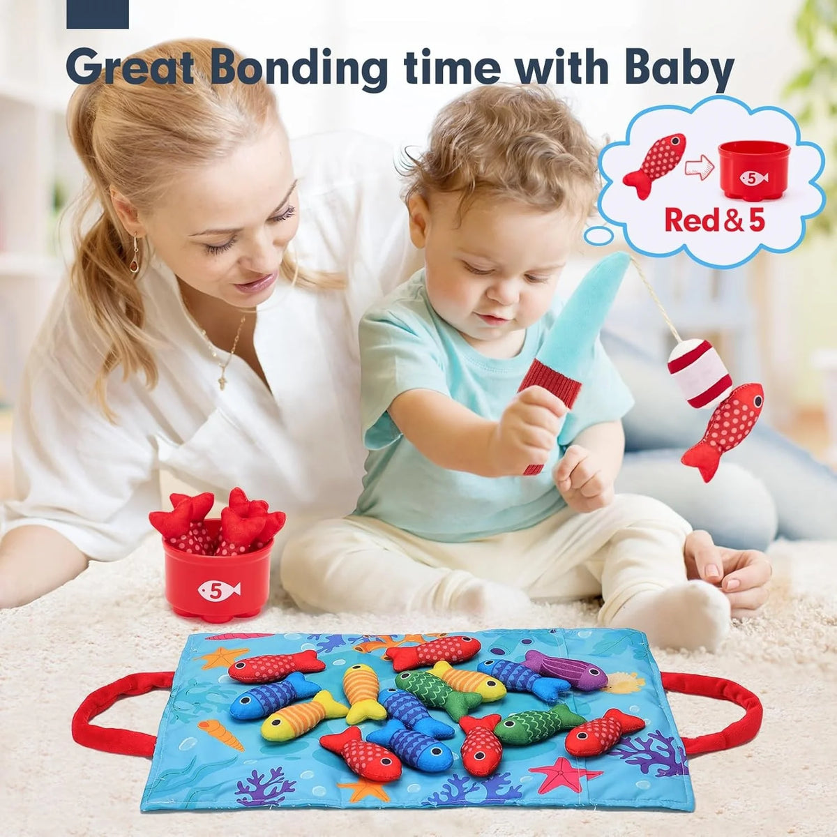 A mother and baby are playing with a red and orange Montessori cloth fishing game featuring stacking cups and counting set on