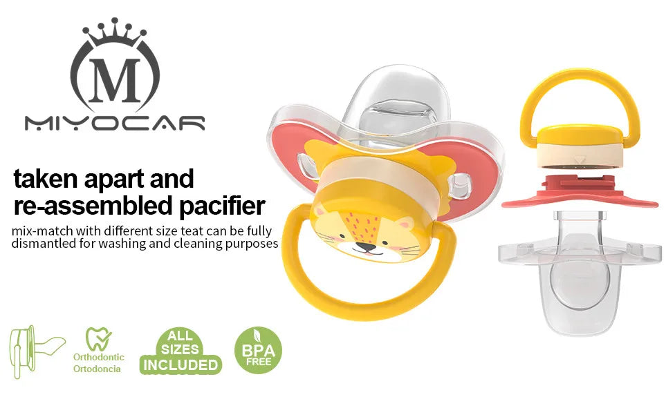 A set of silicone pacifiers and a yellow silicone teat with a yellow cat face, shown next to branding and certification icons