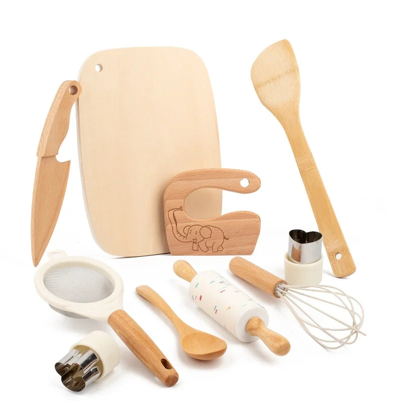 Wooden Kids Safe Knife Set with Baking Tools for Little Chefs
