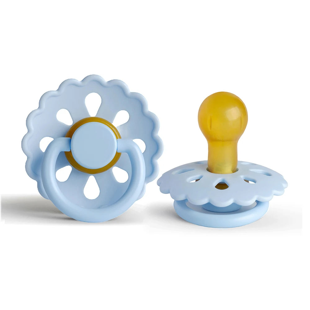 Light blue natural latex baby pacifier with a yellow silicone top and flower-like design
