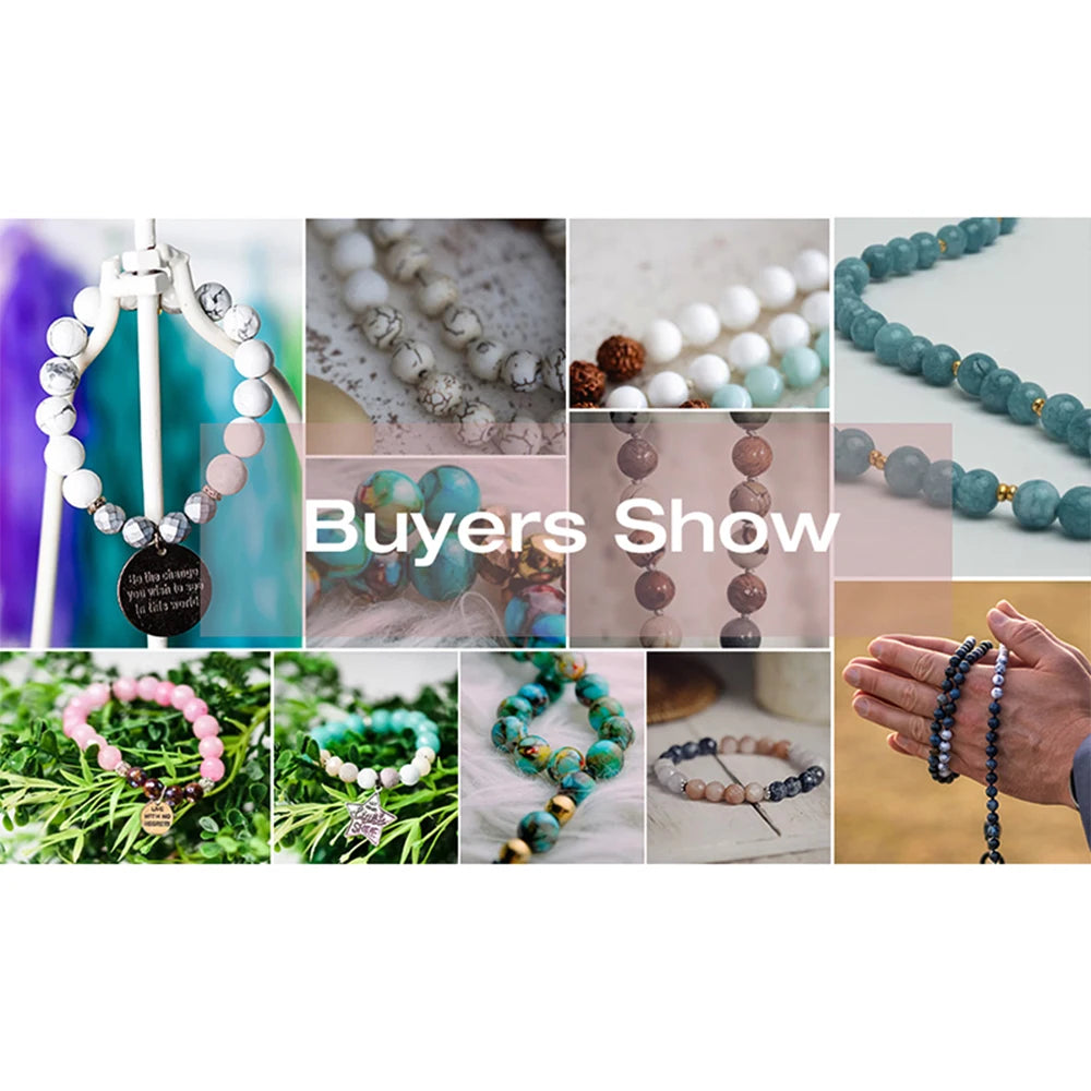 A collection of natural light blue and gray chalcedony beads used for jewelry making.