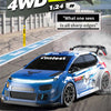 A blue 4WD RC drift car is shown in a dynamic pose with a remote control and technical text overlays.