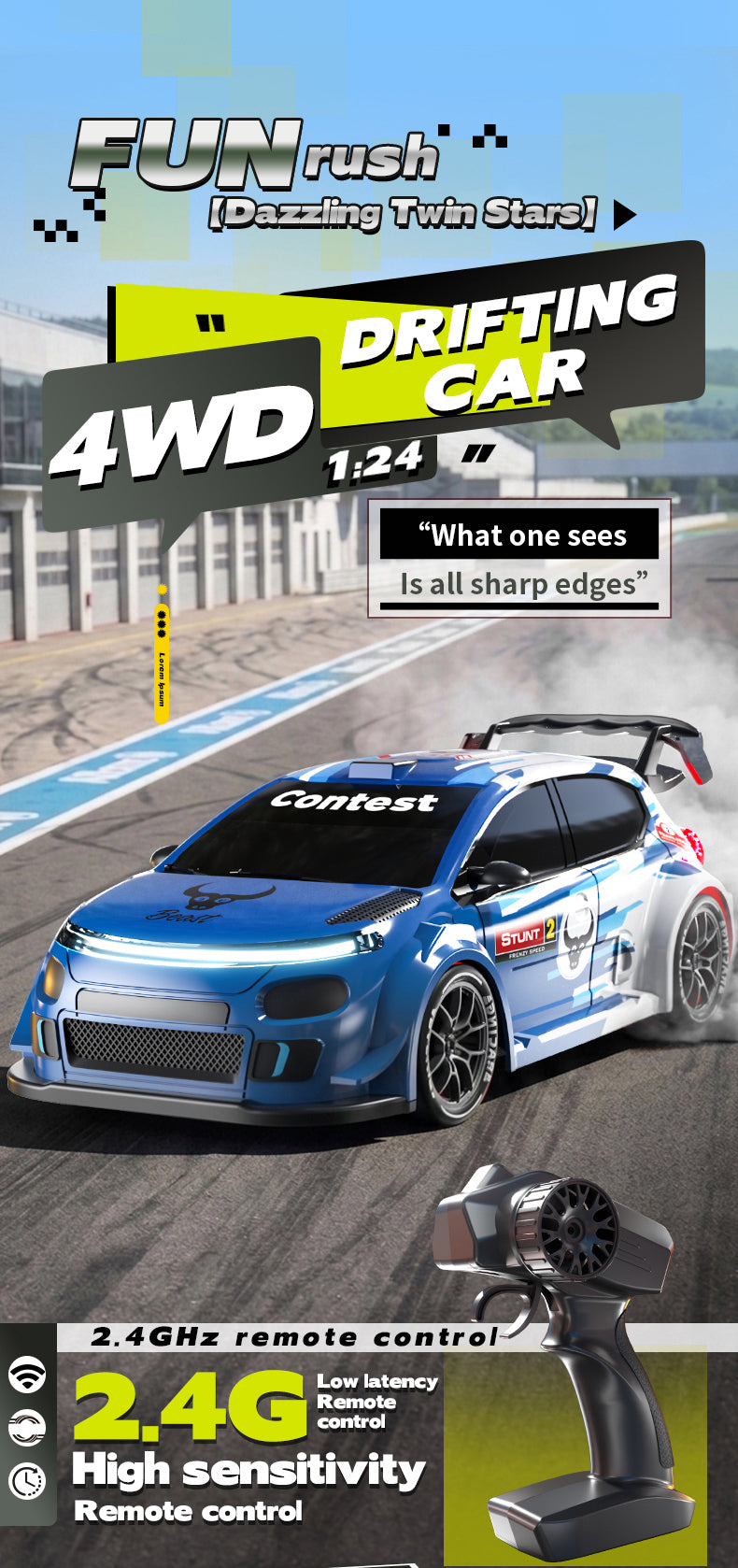 A blue 4WD RC drift car is shown in a dynamic pose with a remote control and technical text overlays.
