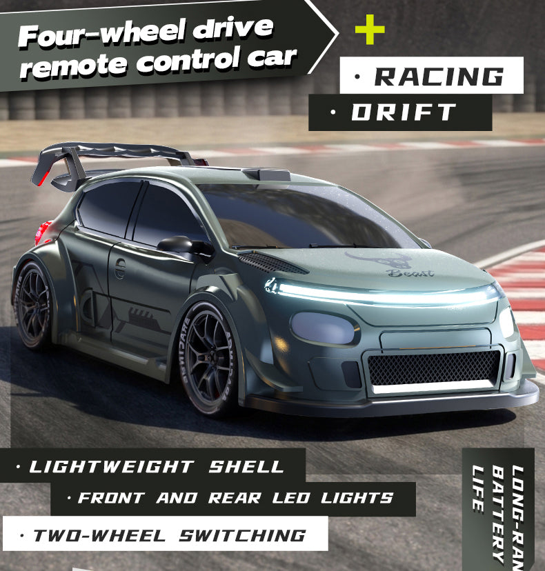 A green four-wheel drive remote control drift car with LED lights and a lightweight shell on an asphalt track.