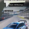Blue RC drift car with a tail wing and pearl finish coating driving on an asphalt track.