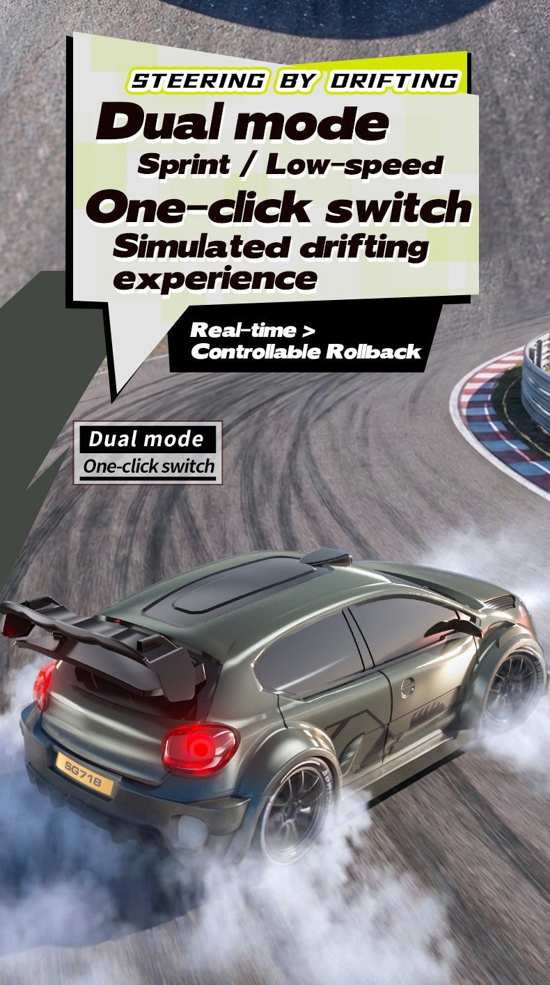 A dark green RC drift car is shown in motion, creating smoke effects, with text describing its dual mode and drifting feature