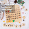 A wooden DIY calendar board for kids showing months, days, and activities like a cartoon and weather symbols.