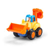 A yellow and orange mini construction vehicle toy set with a blue cab and a large orange scoop.