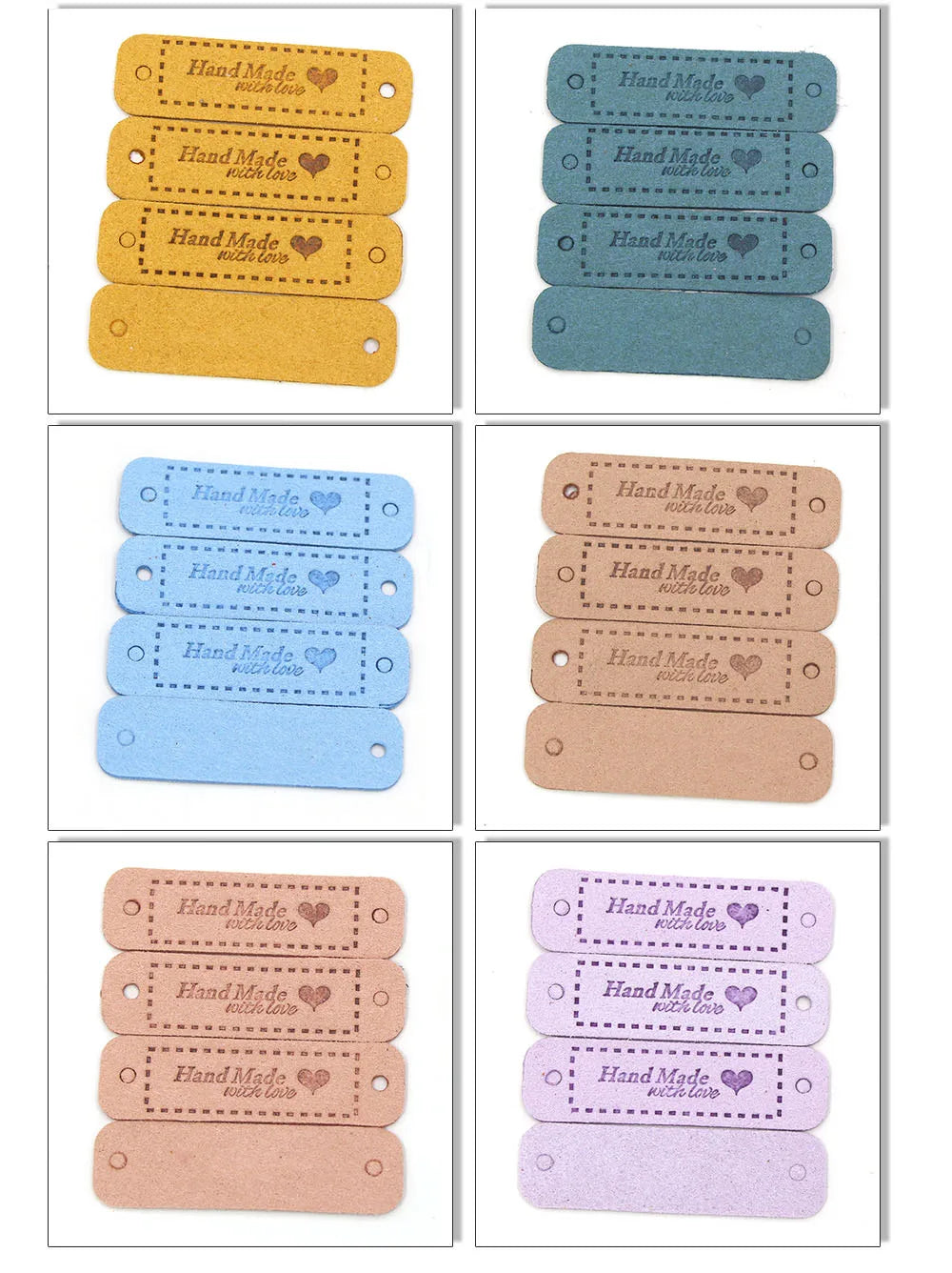 A set of 20 leather-style handmade with love tags in various colors including tan, gray, blue, and pink.
