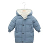 A light blue padded parka jacket for kids with a hood and button closure.