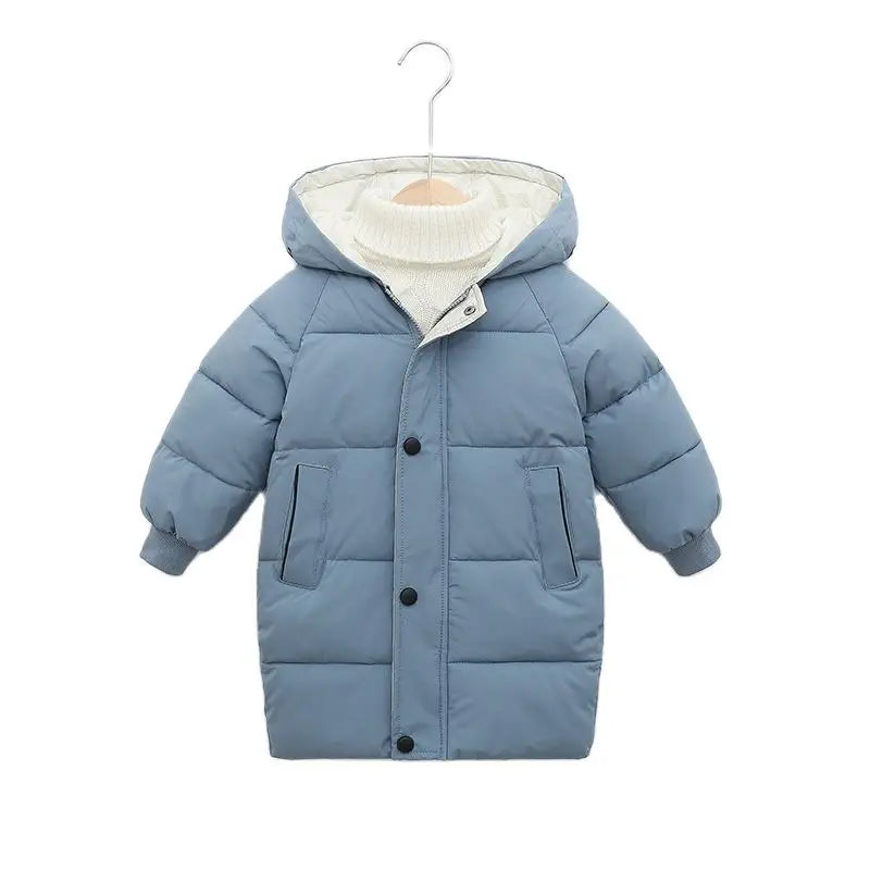 A light blue padded parka jacket for kids with a hood and button closure.