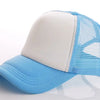 A light blue trucker hat with a white front panel and blue mesh back