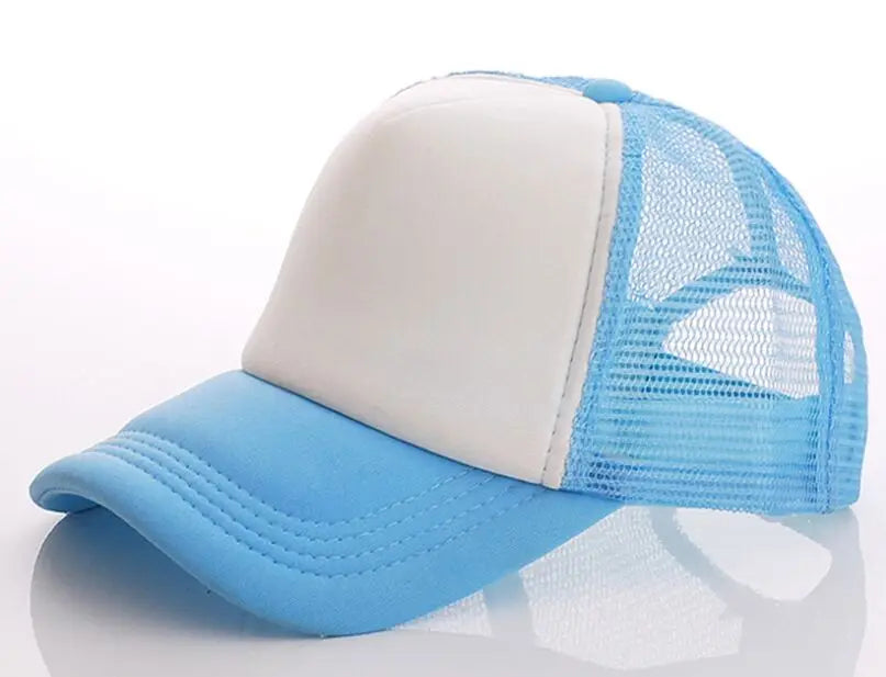 A light blue trucker hat with a white front panel and blue mesh back