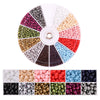 A circular display of twelve colors of glass seed beads for DIY jewelry making kit.