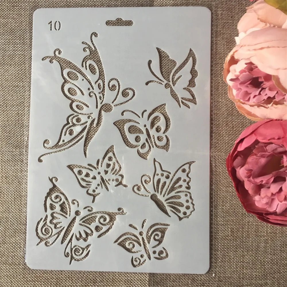 A white stencil sheet with ten butterfly designs for crafting and wall art
