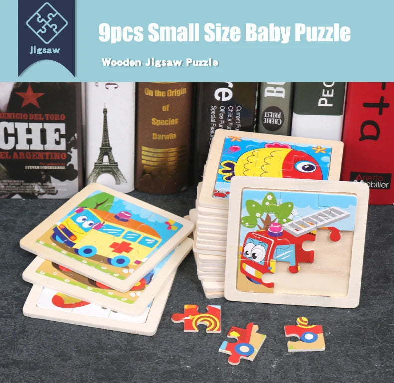 A set of 9 pieces of a wooden jigsaw puzzle featuring animal and traffic designs for kids