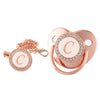Rose gold bling baby pacifier clip with silicone holder featuring a large letter C