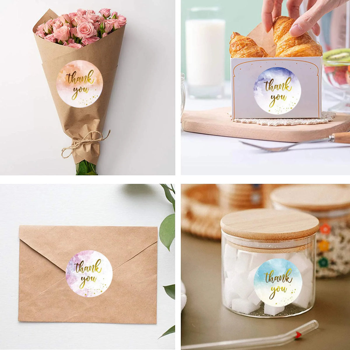 A hand is placing a round thank you sticker on a gift box, surrounded by pink roses and natural wood.