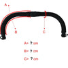 Diagram showing measurements A, B, and C on a black leather stroller handle cover.