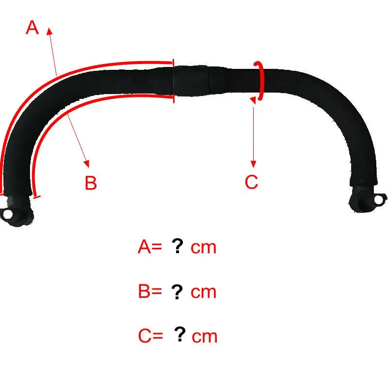 Diagram showing measurements A, B, and C on a black leather stroller handle cover.