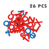 A collection of 26 wooden alphabet letter cards in red and blue colors.
