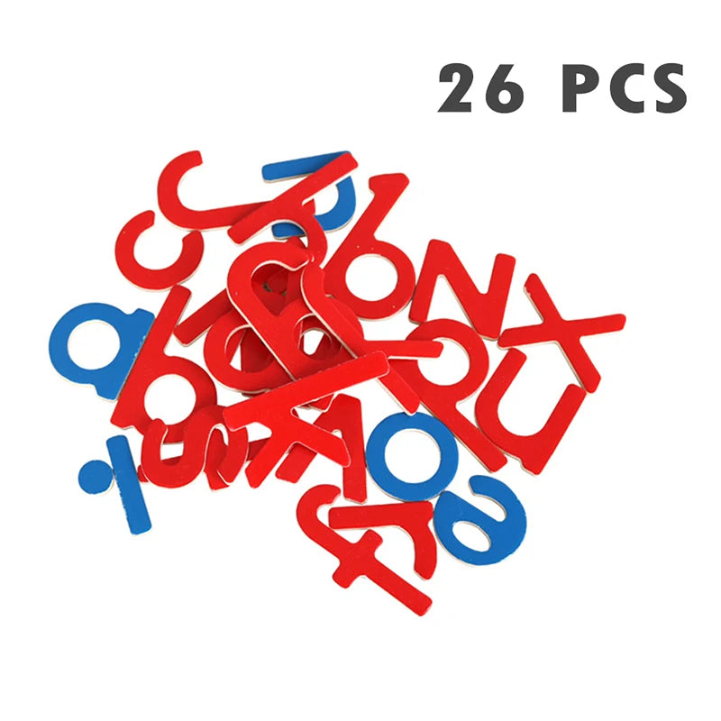 A collection of 26 wooden alphabet letter cards in red and blue colors.