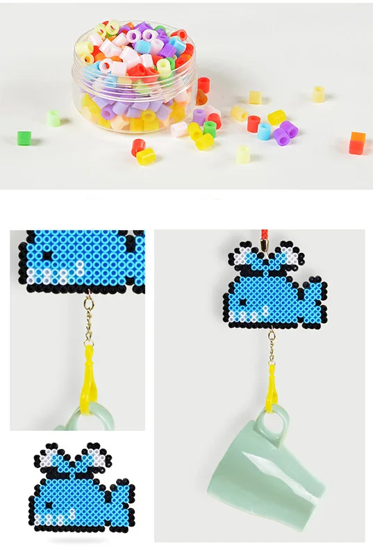 A collection of colorful plastic beads and a finished bead craft project featuring a blue bunny design.