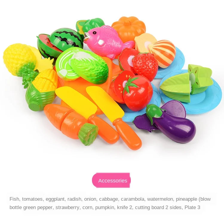 A colorful pretend play cutting set featuring various fruits and vegetables like tomatoes, peppers, and corn on a board.