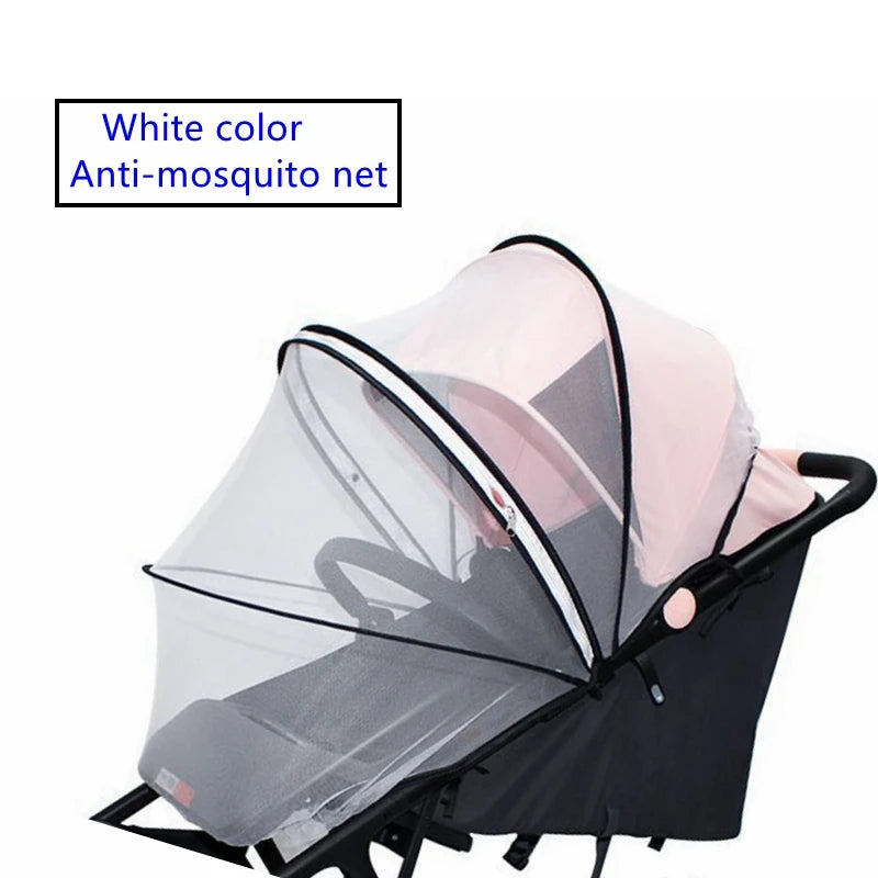 White color anti-mosquito net attached to a stroller accessory kit.